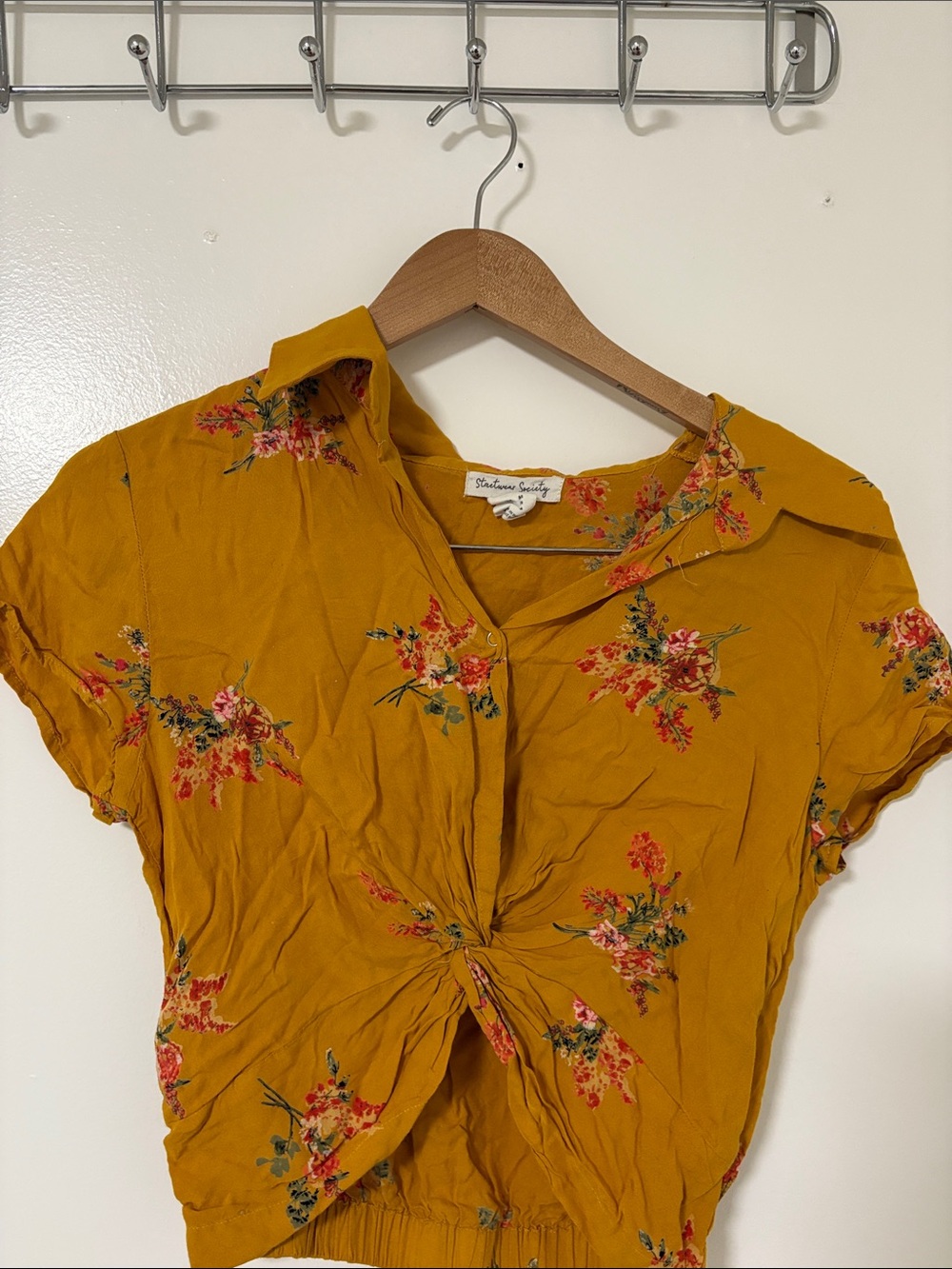 Streetwear Society Mustard Floral Twist-Front Crop Top